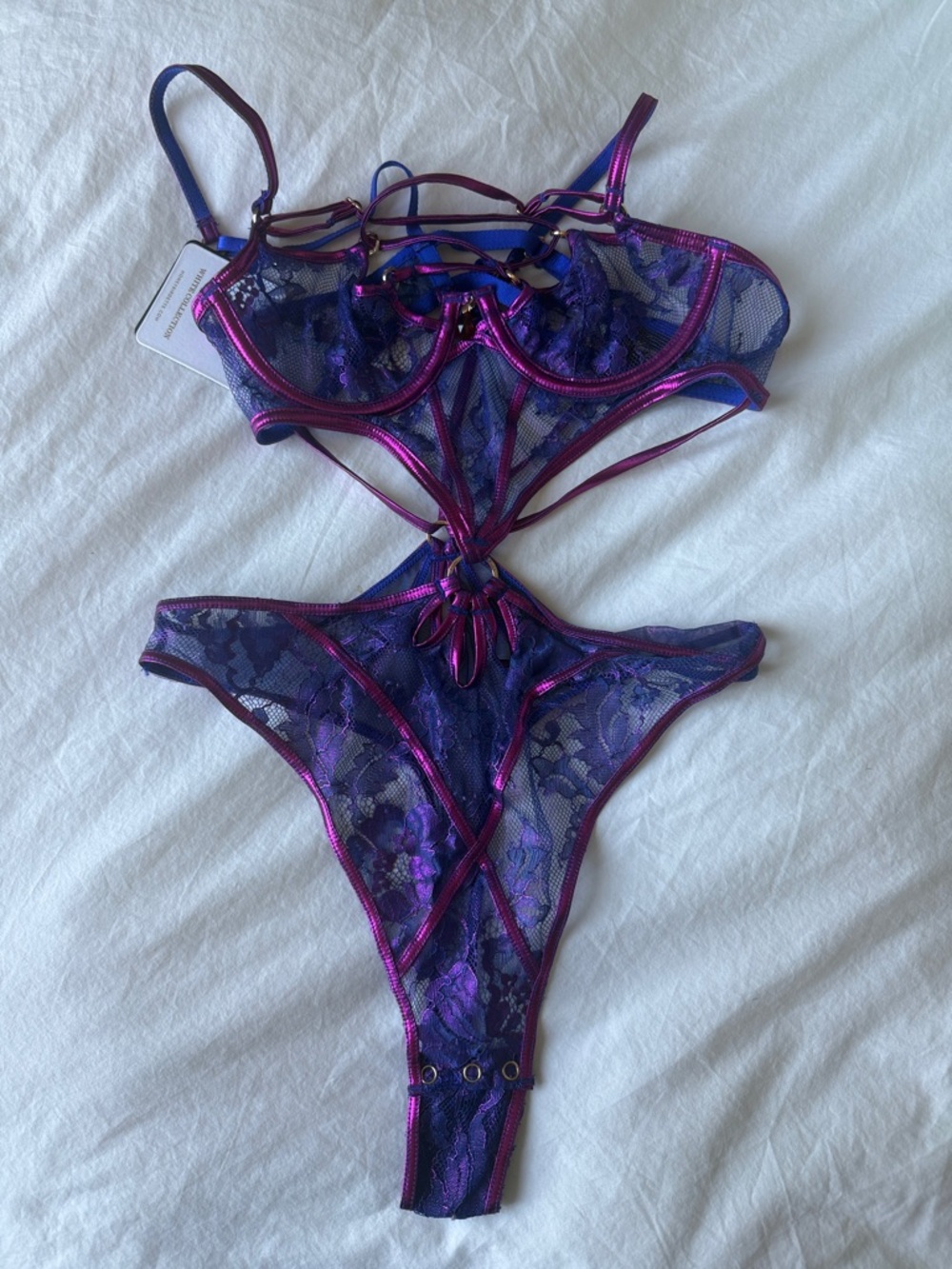Honey Birdette Purple Lace Teddy with Metallic Fuchsia Trim